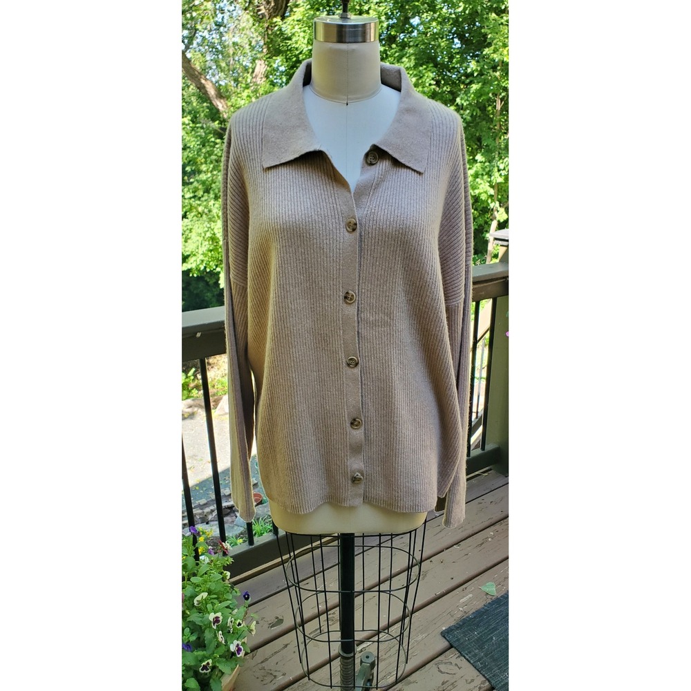 CAARA Tan Cashmere Wool Ribbed Button Down Cardigan Sweater Womens Medium Polo